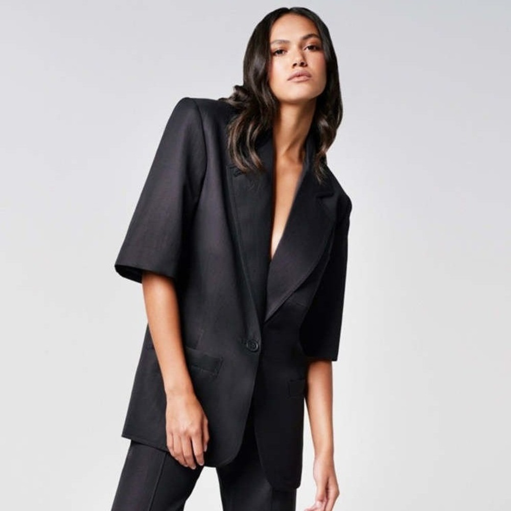 Smythe Black Short Sleeve Oversized Blazer Linen Viscose Patch Pocket Large L